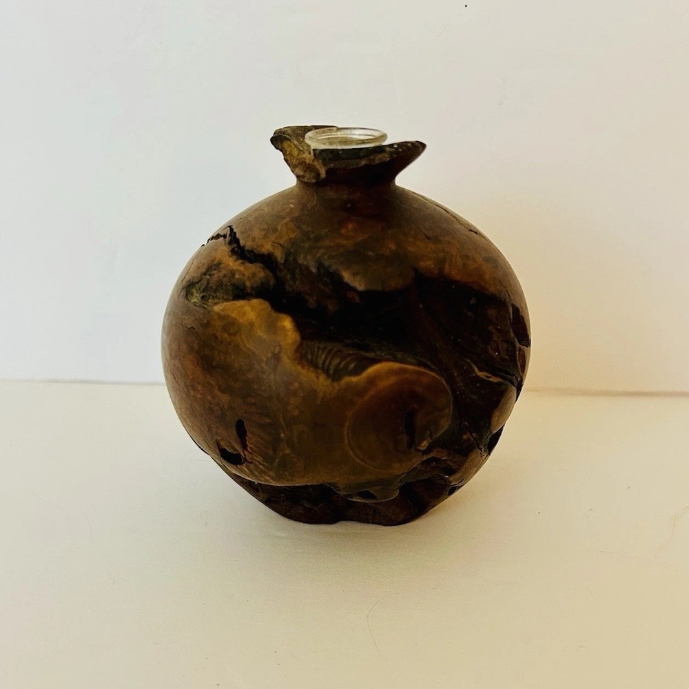 Vtg Hand Turned Burl Wood Bud Vase MCM Unique Brutalist Sculpture